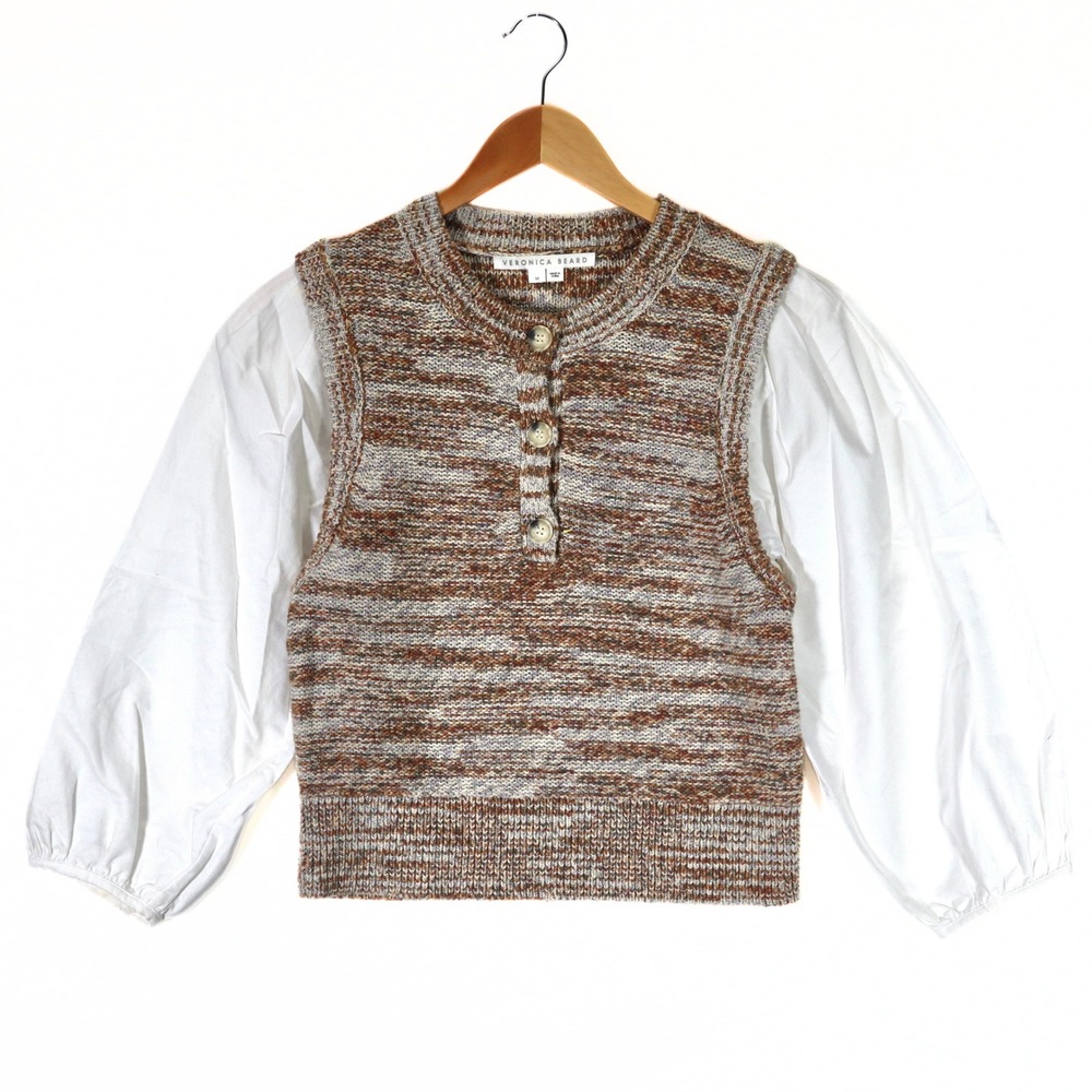 Veronica Beard Mixed Media Top Womens M Brown Metallic Puff Sleeve Henley Knit